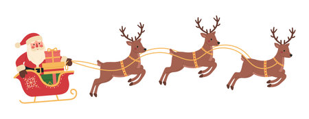 Santa Claus in red sleigh with colorful gift boxes rides on reindeer. Xmas character with sledge, presents and deers. Christmas and New Year celebration. Vector flat illustration isolated on whiteのイラスト素材