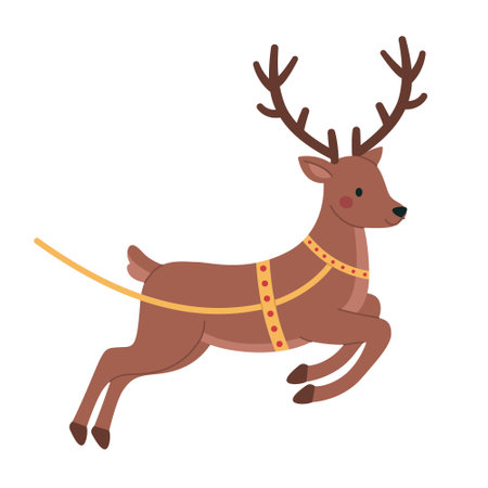 Christmas deer in harness jumping. Cute santa reindeer with antlers. Holiday animal. Vector flat illustration isolated on white backgroundのイラスト素材