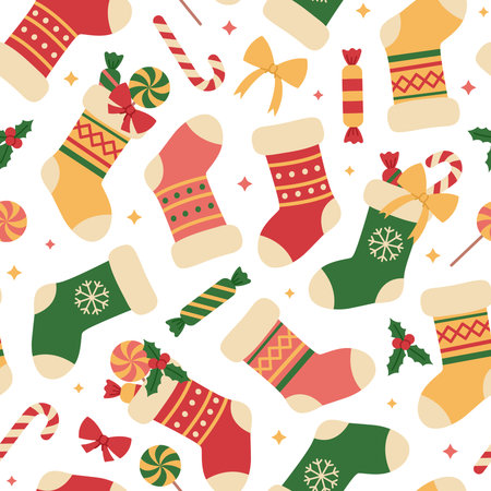 Seamless pattern with colorful Christmas stockings on white background. Holiday gift socks with candies, lollipops and candy canes. Vector flat illustration for wallpaper, textile, packagingのイラスト素材