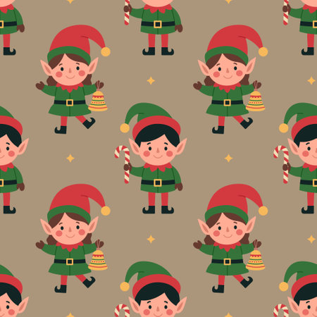 Seamless pattern with little cute elves on beige background. Santa helpers. Boy with candy cane and girl with bell. Christmas characters. Vector flat illustration for wallpaper, textile, packagingのイラスト素材