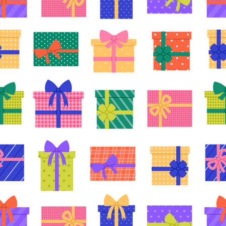 Seamless pattern with colored gift boxes with different print and bows on white background. Birthday, Christmas celebration. Vector flat illustration for wallpaper, textile, packagingのイラスト素材