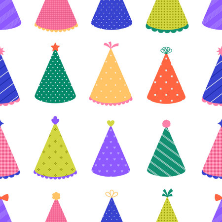 Seamless pattern with colored party hats with different prints and pompons on white background. Holiday cone caps. Birthday celebration. Vector flat illustration for wallpaper, textile, packagingのイラスト素材