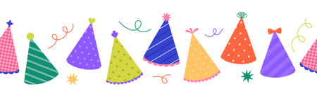 Horizontal border made from colorful party hats with different patterns and pompons. Holiday cone caps. Birthday repeating template. Vector flat illustration for banner, packagingのイラスト素材