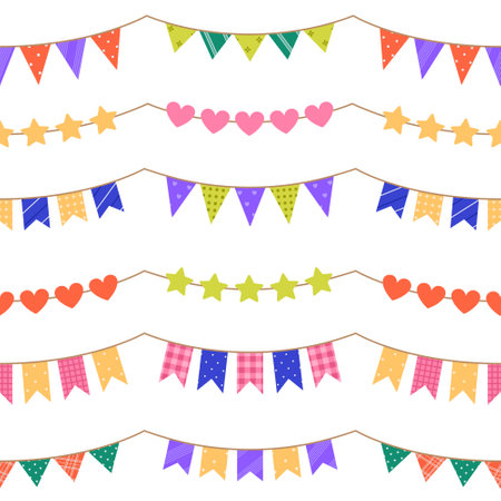 Seamless pattern with festive garlands with different patterns on white background. Colorful bunting and flags for holiday, Birthday party. Vector flat illustration for wallpaper, textile, packagingのイラスト素材