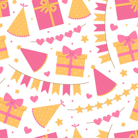 Seamless pattern with gift boxes, party hats and garlands in pink and yellow colors on white background. Birthday, anniversary celebration. Vector flat illustration for wallpaper, textile, packagingのイラスト素材