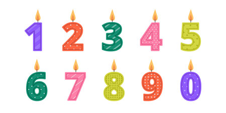 Colorful burning number shape birthday cake candles set with different patterns. Holiday, anniversary. Decoration for banner, greeting card. Vector flat illustration isolated on white backgroundのイラスト素材