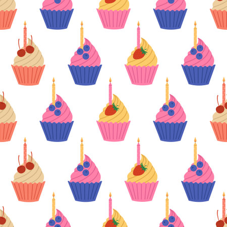 Seamless pattern with colorful cupcakes with candles and berries on white background. Holiday muffins. Dessert for birthday, anniversary. Vector flat illustration for wallpaper, textile, packagingのイラスト素材