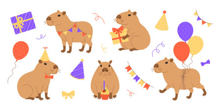 Funny festive capybaras set with gifts, balloons, party hats, garlands, bows and cupcake. Cute capibaras in different poses for holiday greeting card, banner. Vector flat illustration for birthdayのイラスト素材