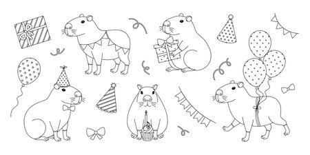 Funny festive capybaras coloring page. Outline set with gifts, balloons, party hats, garlands, bows and cupcake. Cute capibaras in different poses for greeting card, banner. Coloring book for printのイラスト素材