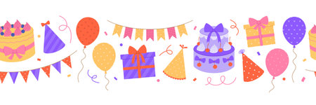 Horizontal border made from party hats, balloons, garlands, gifts, cakes and confetti. Birthday, anniversary repeating template. Holiday background. Vector flat illustration for banner, packagingのイラスト素材