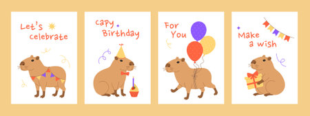 Happy Birthday vertical greeting cards set with capybaras, garlands, party hat, cupcake, balloons and gift. Capy birthday. Holiday banner, invitation templates on white. Vector flat illustrationのイラスト素材