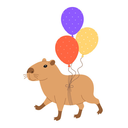 Funny festive capybara walks with a bunch of balloons. Cute capibara for holiday greeting card, invitation, banner. Birthday character. Vector flat illustration isolated on white backgroundのイラスト素材