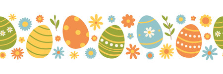 Easter seamless border with colorful eggs and flowers in green, yellow, blue and orange colors. Cute horizontal pattern. Holiday repeating banner. Vector flat illustration for greeting card, printのイラスト素材