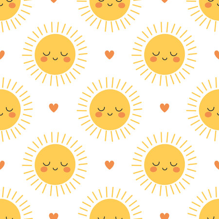Seamless pattern with cute yellow suns with smiling faces and hearts on white background. Morning,...