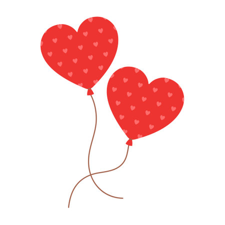 Two red heart shaped balloons with heart print isolated on white background. Romantic decoration. Love symbol. Vector flat illustration for Valentines day, wedding, anniversary, birthdayのイラスト素材