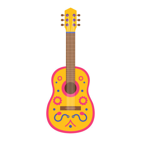 Yellow and pink acoustic guitar decorated with flowers and ornaments. String music instrument. Mexican or Brazilian traditional party. Vector flat illustration isolated on white backgroundのイラスト素材