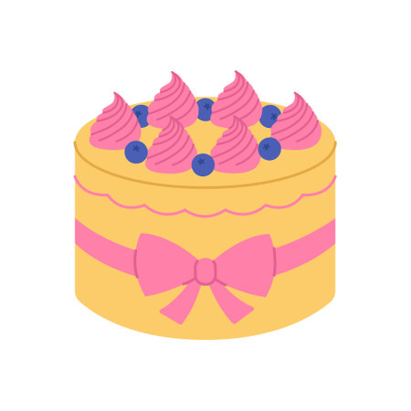 Yellow and pink cake with blueberries, cream and bow. Dessert for birthday, anniversary. Sweet holiday baking for banner, poster, greeting card. Vector flat illustration isolated on white backgroundのイラスト素材