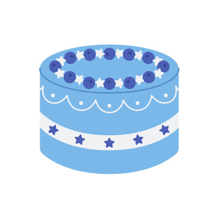 Blue cake with blueberries and stars. Dessert for birthday, anniversary. Sweet holiday baking for banner, poster, greeting card. Vector flat illustration isolated on white backgroundのイラスト素材