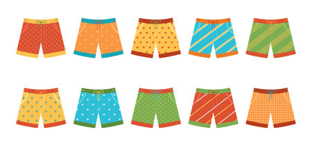 Colorful swimming trunks set with different patterns. Fashion swimsuits collection. Bathing shorts. Men's clothes for summer vacation. Vector flat illustration isolated on white backgroundのイラスト素材