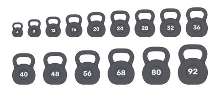 Set of kettlebells of different sizes and weights. Weight for fitness and sport. Athletic equipment for strength exercises, muscle training. Vector flat illustration isolated on white backgroundのイラスト素材