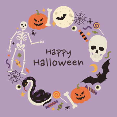 Happy Halloween round frame on purple background with pumpkins, skeleton, moon, bat, skull, snake, web, spiders, bones and candies. Holiday banner, poster, greeting card. Vector flat illustrationのイラスト素材