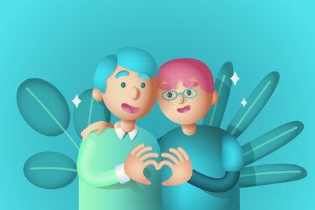Couple of gay men embracing. Lgbt men in love. 3D illustration in vector.の写真素材