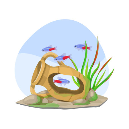 Aquarium with broken amphora and fishes. flat vector illustrationのイラスト素材