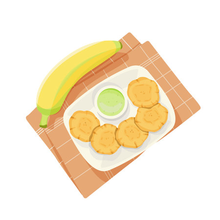 Top view of fried bananas tostones, Latin American cuisine. National cuisine of Mexico. food illustration, vectorのイラスト素材
