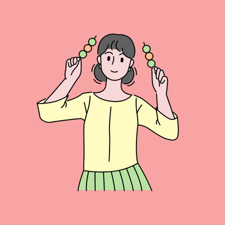 Young woman eating japanese china street food dango balls. flat vector illustrationのイラスト素材