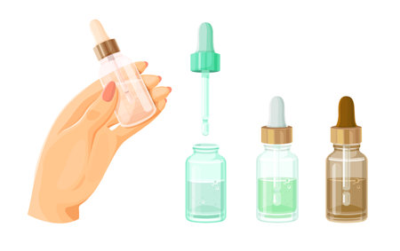 Serum drop bottles set, essential oil vial. Realistic aroma flask.のイラスト素材