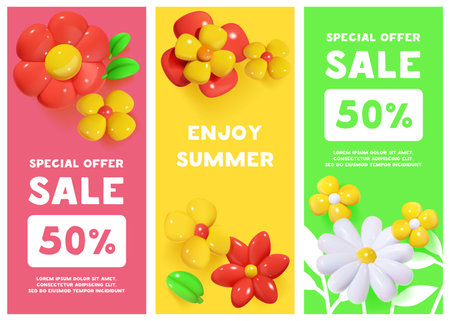 Set of vertical templates banners with 3D flowers.のイラスト素材
