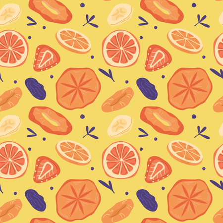 Seamless pattern with various dried fruits on an orange background, flat vector illustration.のイラスト素材