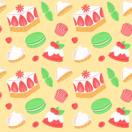 Vector seamless pattern with cake, berries and sweets.のイラスト素材