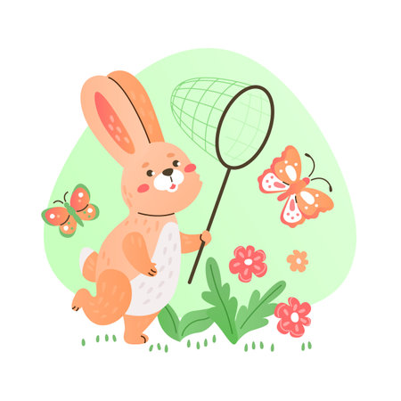 Funny rabbit with a net catches butterflies on the lawn.のイラスト素材