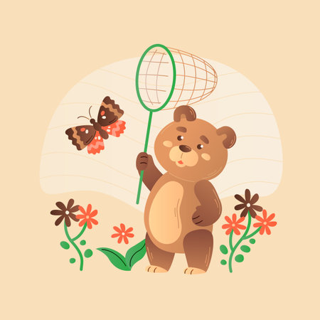 Cute bear catches butterfly on the meadow.のイラスト素材