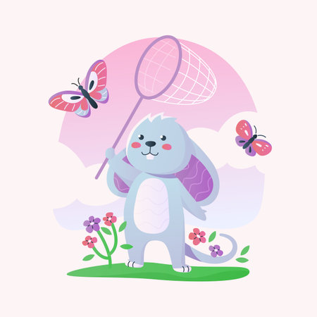 Cute mouse catches butterfly on the meadow.のイラスト素材