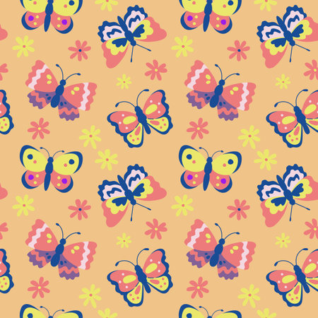Seamless pattern with colorful butterflies and flowers on a orange background.のイラスト素材