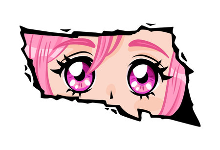 Anime girl with pink hair looking from a paper tear.のイラスト素材