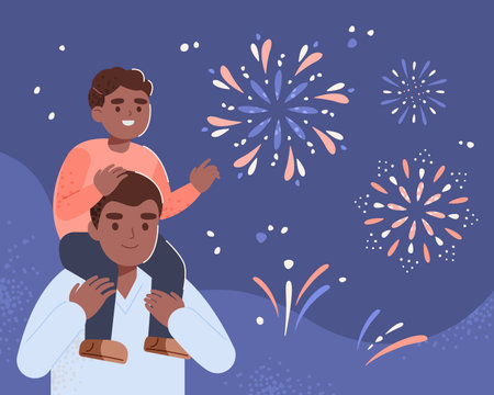 Father and son look at fireworks in the night sky.のイラスト素材