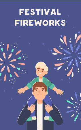 Boy sits on his father shoulders and enjoys fireworks show.のイラスト素材