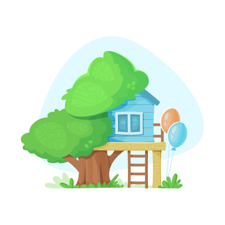Cute blue house on tree for kids. Cartoon vector illustration.のイラスト素材