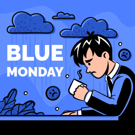 Blue Monday illustration with an upset office employee drinking coffee at the table.のイラスト素材