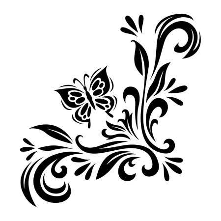 Corner ornament with leaves and a butterfly on a white background.のイラスト素材