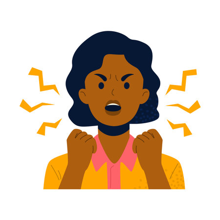 Black angry woman screams, clenching her hands into a fists.のイラスト素材