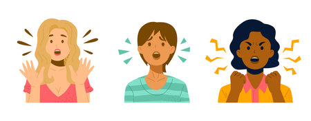 Set of portraits of screaming women, flat vector.のイラスト素材
