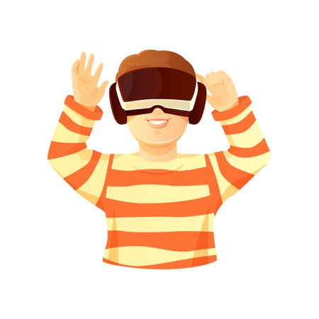 Boy wearing VR glasses putting hands out in excitement isolated on white background.のイラスト素材