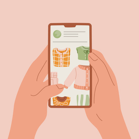 Hands holding smartphone with online clothing store on screen.のイラスト素材