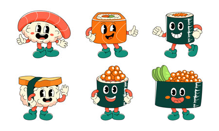 Set of funny Groovy Cartoon Sushi Characters.のイラスト素材