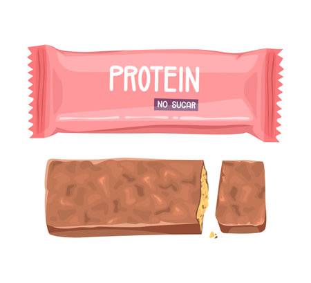 Protein bar in pink packaging and unwrapped.のイラスト素材