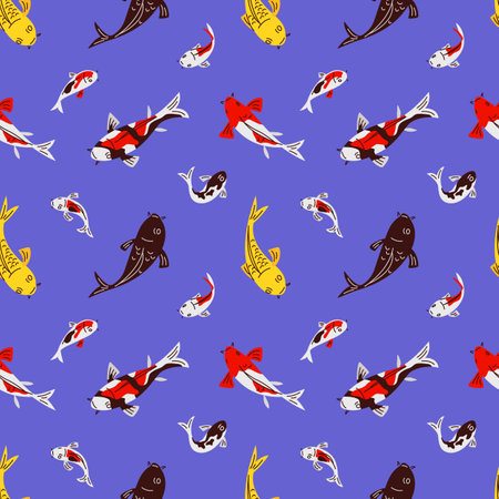 Koi Fish Seamless Pattern on Blue Backgroundのイラスト素材